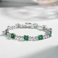 S925 Sterling Silver Alloy Four-Leaf Clover Zirconia & High-Carbon Diamond Charm Bracelet-Green Diamond - SL004  19CM