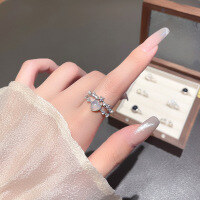 wholesale S925 Sterling Silver Korean New Style Love White Chalcedony Ring Women's Fashion Trendy Openable Double-Layer Design Statement Finger Ring-Heart-shaped white chalcedony open ring/approximately 2.47g&gt;JZ014727 sterling silver