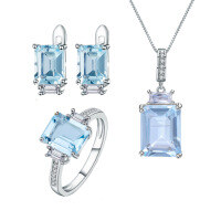 wholesale S925 Sterling Silver Classic Minimalist Topaz Jewelry Set Gemstone Earrings Pendant Cross-border Ins Style Ring-Natural Sky Blue Topaz Necklace  US Size 5 (Domestic Size 11)