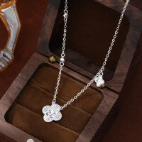 wholesale 999 Silver Ice Crushed Double Loop Four-Leaf Clover Necklace for Women, Minimalist Luxury Slim Waist Pendant Chain-002240CNC four-leaf clover necklace 999 silver>999 silver