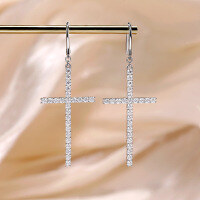wholesale S925 Sterling Silver Plated with 18K Gold Full-Drill Moissanite Cross Ear Hooks, European and American Style Fashion Earrings-Platinum