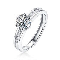 S925 Silver Moissanite Six-Claw Light Luxury Adjustable Ring-R9332 Moissanite, 1 carat/6.5mm