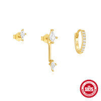 wholesale S925 Sterling Silver Diamond-Accented Minimalist Floral Ear Cuff and Stud Set-Set of 3 - Gold#1 925 Silver