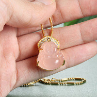 S925 Silver Pink Buddha Necklace, Diamond Crystal Pendant-Pink Buddha Pendant  925 Silver