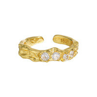 wholesale S925 Sterling Silver JF883 Original Niche Design Asymmetric Textured Minimalist Style Zirconia Inlaid Ring for Women-18K Gold [No. 14/Adjustable] Opening adjustable
