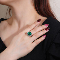 wholesale S925 Sterling Silver Ice-Cut High Carbon Cultivated Emerald Gemstone Ring Women's Cross-Border Live Streaming Hit European and American Jewelry-Green 7