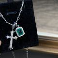 wholesale S925 Sterling Silver Cross Pendant Necklace with Emerald Inclusions Clavicle Chain, Popular Cross-Border European and American Style, Direct Wholesale from Manufacturer-0-2