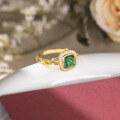 wholesale S925 silver plated with 18k gold, 6*6mm Italian retro cultured emerald sugar loaf ring for women, same as Xiaohongshui style-0-3