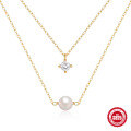 wholesale S925 Sterling Silver Double Layer Four-Prong Diamond-Pearl Necklace,Ins-0-0