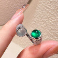 wholesale S925 Sterling Silver Inlaid High Ice Green Chrysoprase Personality Style 60mm Round Cabochon Women's Ring-0-0