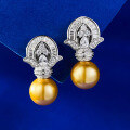 wholesale 925 silver new fashion vintage-style 11mm artificial golden pearl earrings, hot on TikTok-0-1