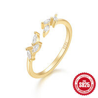 wholesale S925 Sterling Silver adjustable leaf open ring with zircon, trendy and fresh for women-White gold Adjustable opening