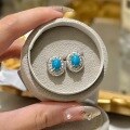 wholesale S925 Sterling Silver Light Luxury Fashion Old Money Style Brushed Process Crystal Diamond Carved Oval Blue Turquoise Ear Studs Earrings for Women-0-5