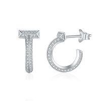 wholesale S925 Sterling Silver C-shaped Earrings High-end European and American Fashion Double C Stud Earrings for Women, Small Niche Full Diamond Zirconia Hoop Earrings-Platinum 925 silver