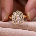 wholesale [Gold-plated] S925 Silver Moissanite Ring with Oval Main Stone, Retro Floral Halo and Double Band, Light Luxury Banquet Style for Women-0-2