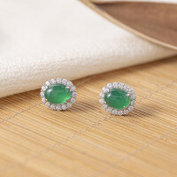 wholesale Metal material first, live one-stop supply simple natural green chalcedony cabochon earrings versatile green gemstone agate women's ear drop jewelry-8*10mm Chalcedony S925 silver gold plated