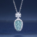S925 Silver, Gold-Plated, and Diamond Natural Aqua Jadeite Leaf Pendant Necklace-0-4
