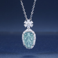 S925 Silver, Gold-Plated, and Diamond Natural Aqua Jadeite Leaf Pendant Necklace-Inlaid with blue-green jadeite  925 silver