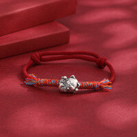 wholesale 999 Sterling Silver Adorable Lucky Cat Bracelet for Women, Handwoven Adjustable Red Rope, Unisex Zodiac Year Cord, New Year Gift-Lucky Cat Bracelet