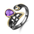wholesale 925 Silver Designer Gemstone Inlaid Open Ring, Vintage Style High-End Amethyst Ring-0-5