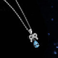 Sterling Silver Natural Blue Topaz Moissanite One-Carat Bow Drop Pendant Necklace-0-0