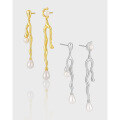 wholesale S925 Sterling Silver French Asymmetrical Line Pearl Earrings for Women, Niche, Unique, Elegant, and High-End-0-1