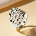 Zircon Geometric Design Three-Row Ring for Women, Light Luxury, Versatile Commuting Style-0-16