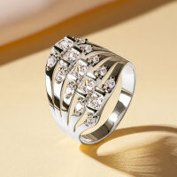 Zircon Geometric Design Three-Row Ring for Women, Light Luxury, Versatile Commuting Style-Five-row diamond ring [K white]  US size 5