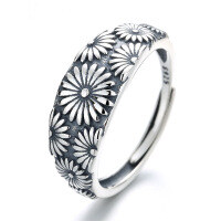 wholesale S925 Sterling Silver Retro Vintage Daisy Sunflower Ring Celebrity Fashion Trend Versatile Index Finger Ring for Women-169J/approx. 2.8g Adjustable opening