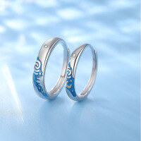 wholesale S925 Sterling Silver Van Gogh Starry Sky Couple Rings with Resin Inlay, a Niche Design Pair of Bands for 520 Valentine's Day Gift-Women's