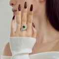 wholesale S925 Sterling Silver French New Style Women's Ring with Leaf-Enclosed Emerald Main Stone, Fashion Wedding Design, Ready to Ship-0-3