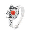 wholesale S925 Sterling Silver 3D Lucky Cat Coin Inlaid with Red Agate Ring Retro Chinese Style Index Finger Ring-0-4