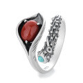 wholesale S925 sterling silver vintage oxidized red agate inlaid ring, fashionable, creative, trendy, and versatile statement ring-0-6