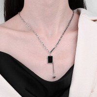wholesale S925 Sterling Silver Black Square Pendant with English Lettering, Round Bead, and Tassel Necklace, Fashionable Trendy European and American Light Luxury Style Collarbone Chain-419L/approximately 14.4g 925 silver
