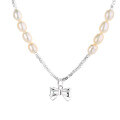 wholesale S925 Sterling Silver Crushed Silver Spliced Pearl Bow Necklace, Fashion French Retro Luxury Style Collarbone Chain-0-4