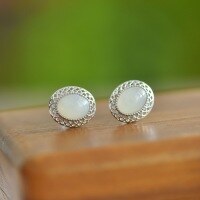 wholesale 925 Sterling Silver Openwork Inlaid Hetian Jade Earrings, New Chinese Palace Style, White Jade Tassel Cabochon-Silver White Jade 925 Silver