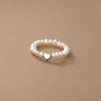 wholesale S925 Silver Pearl Beaded Heart Ring, Smooth Heart Shape Index Finger Ring R00211-S925 silver ring US size 6 adjustable opening