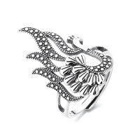 wholesale S925 Sterling Silver Exaggerated Hollow-Out Peacock Phoenix Ring, Bold Fashion Ethnic Style Classical Index Finger Ring for Men and Women-614J/approx. 4.1g Opening adjustable