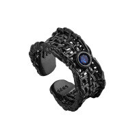wholesale S925 Sterling Silver 836 Korean Version Minimalist Ins-style Woven Web Openwork Design Inlaid with Blue Zircon Ring for Women-Black [No. 14/Adjustable] Opening adjustable
