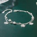 wholesale S925 Sterling Silver Sand Bead Ginkgo Leaf Double Layer Minimalist Silver Bracelet, Bohemian Style Versatile Design Sense Light Luxury Double Layer Bracelet-0-0