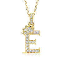 Gold-Plated Copper Crown Zircon Quartz Letter Pendant Necklace-Letter necklace E