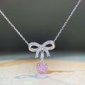 wholesale S925 Sterling Silver Necklace for Women with Bowknot, Ins Style, Simple and Versatile, High-End and Adorable, Sweet Chain with Pink Diamond Pendant-0-2