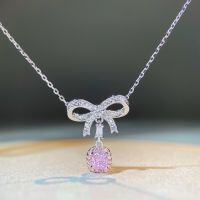 wholesale S925 Sterling Silver Necklace for Women with Bowknot, Ins Style, Simple and Versatile, High-End and Adorable, Sweet Chain with Pink Diamond Pendant-Pink-XL090>925 silver