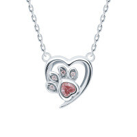 wholesale S925 Sterling Silver Pink Zircon Heart Cat Paw Children's Series Necklace, Lovely and Sweet Heart Collarbone Chain, Versatile-Silver 925 silver