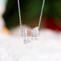 wholesale S925 Sterling Silver Pink Diamond Bow Necklace with 3D Brushed Finish, Christmas Gift for Women in Instagram Style-0-0
