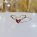wholesale S925 silver gold-plated handcrafted bezel-set ruby ring with a luxurious and sophisticated small heart V-shaped diamond design-0-3