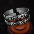 wholesale Fine Silver 999 Six-Syllable Mantra Bracelet for Women, Vintage Antique Tibetan Vajra Dharani Scripture Pure Silver Bangle for Men-0-2