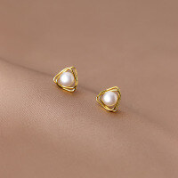 wholesale 925 Sterling Silver Minimalist Freshwater Pearl Earrings with Triangular Lines, Summer Korean Style M00105-S925 silver pair gold 925 silver