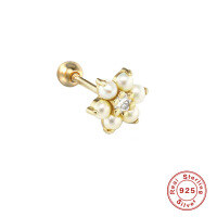 wholesale S925 Sterling Silver Flower with Crystal Rhinestones, Pearl, Ins Style Threaded Ear Stud, Hot-selling Body Piercing Ear Cartilage Stud-Single platinum