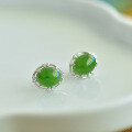 wholesale 925 Sterling Silver with Hetian Jade Inlaid Earrings, Simple Ancient Style Natural Cabochon Green Jade Stud Earrings for Women-0-1
